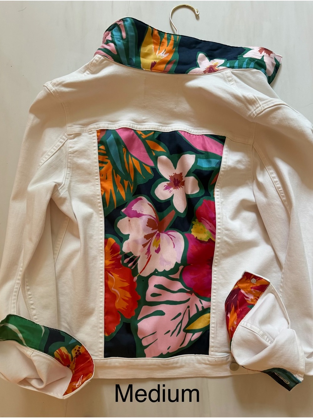 White Floral-Back Women’s Jean Jacket - Medium